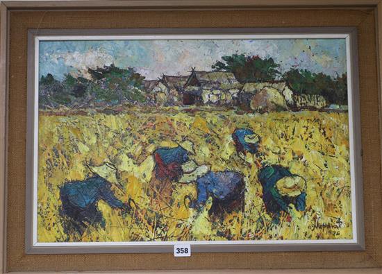 Noparat, 2 oils on canvas, farmers harvesting and fishermen with lobster pots, signed and dated 1976, 40 x 60cm